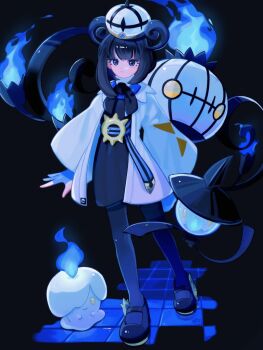 Rule 34 | 1girl, belt, black dress, black hair, black pantyhose, blue fire, blue gloves, blunt bangs, blush, bob cut, candle, chandelier, chandelure, closed mouth, coat, commentary request, dress, evolutionary line, fire, gen 5 pokemon, gloves, gradient hair, gwynn (pokemon), harumomo (@harumomo123456), hat, lamp, lampent, litwick, long sleeves, looking at viewer, mega stone, multicolored hair, nintendo, o-ring, o-ring belt, open clothes, open coat, pantyhose, partially fingerless gloves, pokemon, pokemon (creature), pokemon legends: z-a, purple eyes, purple hair, shoes, short hair, smile, white coat