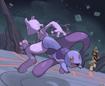 1girl alternate_color animal_ears brown_hair cat_ears cat_tail clenched_hands dutch_angle eversmithi final_destination_(smash_bros) gen_1_pokemon highres leaf_(pokemon) legendary_pokemon mew_(pokemon) mewtwo mythical_pokemon nintendo player_2 pokemon pokemon_(creature) pokemon_frlg signature squirtle super_smash_bros. tail