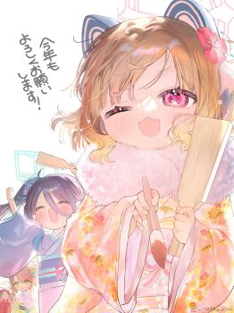 4girls absurdres amanatsu_uni animal_ear_headphones animal_ears aris_(blue_archive) artist_name beads blonde_hair blue_archive blue_hair blue_halo blue_kimono blush cat_ear_headphones cat_ears closed_eyes commentary commentary_request covering_own_mouth fake_animal_ears fang flower flying_sweatdrops green_halo green_kimono hair_between_eyes hair_flower hair_ornament halo headphones highres holding japanese_clothes kimono long_hair_between_eyes midori_(blue_archive) momoi_(blue_archive) multiple_girls nexon oar one_eye_closed open_mouth paddle paint paintbrush pink_eyes pink_halo ponytail red_flower red_hair red_kimono ribbon sash short_hair signature simple_background skin_fang sparkle sparkling_eyes sweat sweatdrop thick_eyelashes twitter_username yellow_flower yellow_halo yellow_kimono yuzu_(blue_archive)