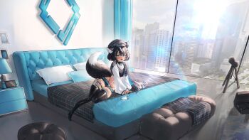 1girl absurdres animal_ears apartment bed bedroom black_hair blue_eyes dark-skinned_female dark_skin dog_ears dog_girl dog_tail fangsie_fido hat highres long_sleeves midriff mila_(milaart12) multicolored_hair on_bed open_mouth panty_straps short_shorts shorts smile tail thighhighs two-tone_hair variance_project virtual_youtuber white_hair