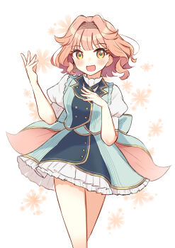 Rule 34 | 1girl, absurdres, aqua bow, aqua jacket, aqua skirt, back bow, bow, buttons, earrings, floral background, frilled skirt, frills, hair intakes, hairband, hand on own chest, hand up, hibiki koto, highres, jacket, jewelry, looking at viewer, medium hair, meteorite (yurenlin8), open mouth, orange eyes, orange hair, puffy short sleeves, puffy sleeves, short hair, short sleeves, single earring, skirt, smile, solo, synthesizer v, vocaloid, white background