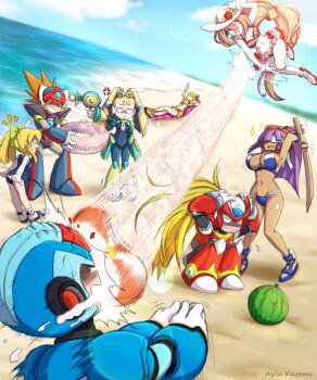 &gt;_&lt; 3boys 5girls absurdres alia_(mega_man) android annoyed armor artist_name axl_(mega_man) ayla_kazemi ball beach beach_chair beach_volleyball bikini blue_bikini blue_one-piece_swimsuit blue_sky breasts brown_hair closed_eyes dark-skinned_female dark_skin ducking food forehead_jewel frilled_bikini frills fruit gun helmet high_ponytail highres holding holding_gun holding_weapon in_the_face injury iris_(mega_man) large_breasts layer_(mega_man) long_hair lying medium_breasts medium_hair mega_man_(classic) mega_man_(series) mega_man_x_(series) mega_man_x_dive midair multicolored_bikini multiple_boys multiple_girls navel ocean on_back one-piece_swimsuit orange_bikini pallette_(mega_man) playing_sports ponytail red_bikini revealing_clothes robot_girl roll_(mega_man) sand sky small_breasts spiked_hair suikawari swim_ring swimsuit two-tone_bikini v very_long_hair volleyball volleyball_(object) watermelon weapon white_bikini x_(mega_man) zero_(mega_man)