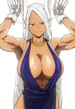 1girl abs alternate_costume animal_ears armpits bare_shoulders biceps boku_no_hero_academia breasts cleavage collarbone commentary dark-skinned_female dark_skin dress gloves gold_necklace hands_up highres jewelry large_breasts long_eyelashes long_hair looking_at_viewer mirko muscular muscular_female necklace parallaxfused parted_bangs pelvic_curtain purple_dress rabbit_ears rabbit_girl rabbit_pose red_eyes second-party_source sideboob simple_background smile solo very_long_hair white_background white_gloves white_hair