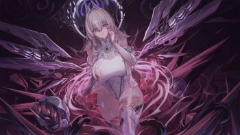 Rule 34 | 1girl, @ @, absurdres, bare shoulders, breasts, broken halo, chaos zero nightmare, commentary, cuts, detached sleeves, drone, earpiece, grey hair, hair between eyes, hair intakes, halo, hand on own cheek, hand on own face, highres, horns, injury, kuroroui, large breasts, leg armor, leotard, long hair, looking at viewer, mechanical horns, mechanical wings, mole, mole under eye, parted lips, purple eyes, ribbed sleeves, saliva, see-through clothes, see-through skirt, sereniel (chaos zero nightmare), showgirl skirt, sideboob, sidelocks, sitting, skindentation, skirt, solo, standing, tears, thighhighs, torn clothes, torn leotard, traumatized, variant set, white leotard, white sleeves, wings