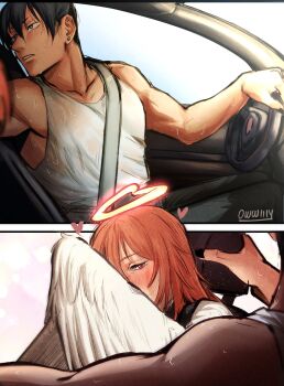 2boys adam&#039;s_apple alternate_halo angel_devil_(chainsaw_man) angel_wings black_hair black_nails black_pants blue_eyes blush car_interior car_seat chainsaw_man collarbone commentary covered_pectorals covering_own_face driving earrings embarrassed english_commentary halo hayakawa_aki heart heart_halo highres jewelry left-hand_drive long_hair looking_at_another male_focus multiple_boys owwllly pants pectorals seatbelt short_hair sitting steering_wheel sweat sweaty_clothes tank_top toned toned_male white_tank_top white_wings wings yaoi