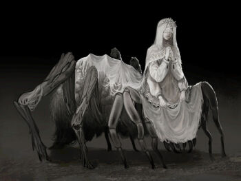 1girl arachne arthropod_girl arthropod_limbs bandages bandages_over_eyes closed_mouth clothes_lift commentary dress dress_lift english_commentary extra_arms insect_girl jewelry long_sleeves medium_hair monster_girl multiple_legs original outdoors own_hands_together ring solo spider_girl taur tiara tomatoketchup96 white_dress white_hair