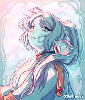 1girl breasts capelet closed_mouth commentary earrings elf ellie_lotus english_commentary floating_earrings frieren green_eyes grey_hair head_back highres jewelry long_hair long_sleeves meme parted_bangs pointy_ears smile solo sousou_no_frieren teardrop_earrings twintails upper_body upward_angle_frieren_drawing_(meme) white_capelet white_hair