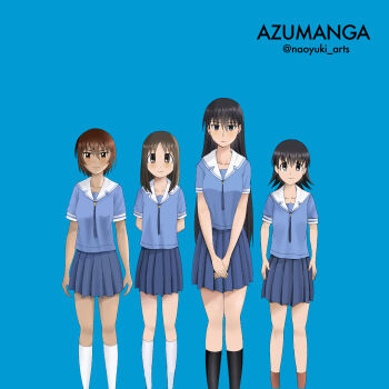 Rule 34 | 4girls, absurdres, album cover redraw, azumanga daioh's school uniform, azumanga daiou, black eyes, black hair, black socks, blue shirt, blue skirt, breasts, brown eyes, brown hair, closed mouth, commentary, derivative work, english commentary, feet out of frame, flat chest, highres, kagura (azumanga daioh), kasuga ayumu, looking at viewer, medium breasts, multiple girls, naoyuki arts, sakaki (azumanga daioh), school uniform, serafuku, shirt, short sleeves, simple background, skirt, smile, socks, takino tomo, weezer (band), weezer (blue album), white socks