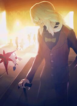 1boy 4others arm_behind_back az_(pokemon) black_shirt bow bowtie brown_vest buttons cane closed_mouth commentary_request floating floette floette_(eternal) flower gen_6_pokemon green_bow green_bowtie highres holding holding_cane holding_flower long_hair long_sleeves male_focus multiple_others nintendo old old_man pants pokemon pokemon_(creature) pokemon_legends:_z-a red_flower saizo_sasaki shirt smile standing vest white_hair