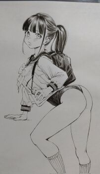 1girl arm_support ass backpack bag blurry bow bowtie center-flap_bangs double-parted_bangs fingernails from_side gagaimo highres leaning_forward long_hair looking_at_viewer looking_to_the_side no_pants one-piece_swimsuit original parted_lips photo_(medium) ponytail ribbed_socks sailor_collar sailor_shirt shirt socks solo standing swimsuit swimsuit_under_clothes traditional_media turning_head