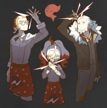 1girl 2boys absurdres apron griselle_(pokemon) grisham_(pokemon) hand_wraps highres lysandre_(pokemon) multiple_boys nintendo orange_apron pokemon pokemon_legends:_z-a print_apron red_apron red_hair sach56000 split_ponytail team_flare team_flare_uniform white-framed_eyewear white_hair