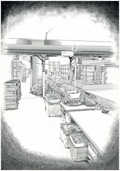 basket box computer computer_keyboard conveyor_belt duct_tape factory greyscale highres indoors industrial kizuna_angel monitor monochrome no_humans original scenery shelf stairs