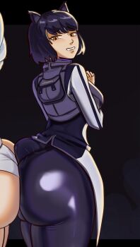 2girls animal_ears ass ass-to-ass ass_press black_hair blake_belladonna blush breasts cat_ears embarrassed hair_ornament huge_ass long_hair looking_at_viewer medium_breasts multiple_girls orange_eyes panties pants ponytail province rwby short_hair sideboob smile solo_focus underwear very_long_hair weiss_schnee white_hair