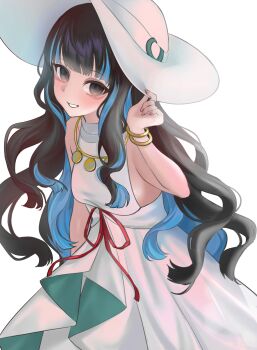 Rule 34 | 1girl, absurdres, bare shoulders, black hair, blue hair, blush, bracelet, breasts, colored inner hair, dress, eyeliner, fate/grand order, fate (series), grey eyes, grin, hat, highres, jewelry, long hair, looking at viewer, makeup, mikon (nicknqme), multicolored hair, necklace, sidelocks, small breasts, smile, solo, sun hat, tenochtitlan (fate), tenochtitlan (swimsuit mooncancer) (fate), tenochtitlan (swimsuit mooncancer) (second ascension) (fate), white dress, white hat