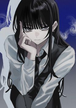 1girl akai_ringo_(eveyuno) bags_under_eyes black_eyes black_necktie black_pants black_vest blue_background cowboy_shot dress_shirt earrings from_above gradient_background grey_background hand_on_own_head highres jewelry long_hair long_sleeves looking_at_viewer looking_up necktie original pants shirt solo vest waistcoat white_shirt