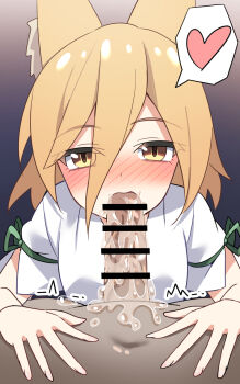 1boy 1girl animal_ear_fluff animal_ears bar_censor blonde_hair blush censored commentary_request cum cum_in_mouth dark-skinned_male dark_skin e.o. fellatio fingernails fox_ears fox_girl gradient_background green_ribbon hair_between_eyes heart hetero highres kudamaki_tsukasa long_hair_between_eyes looking_at_viewer looking_up navel open_mouth oral penis purple_background ribbon romper short_hair short_sleeves simple_background solo_focus speech_bubble spoken_heart touhou white_romper yellow_eyes