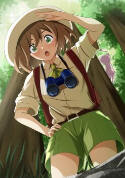 Rule 34 | 1boy, :o, absurdres, arm up, backpack, bag, belt, binoculars, blurry, blush, brown bag, brown hair, budding expeditioner (pokemon), collared shirt, commentary request, day, forest, gen 1 pokemon, green eyes, green shorts, hand on own hip, hat, highres, legendary pokemon, looking at viewer, looking down, male focus, medium hair, mew (pokemon), milletfly, mythical pokemon, nature, nintendo, open mouth, outdoors, pokemon, pokemon (creature), pokemon tcg, pokemon tcg pocket, shirt, short sleeves, shorts, tongue, tree