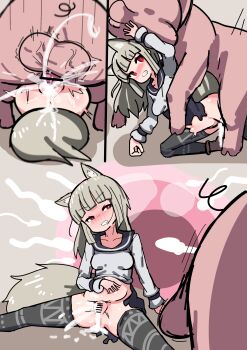 1boy 1girl absurdres after_vaginal aftersex all_fours angry animal_ears bestiality blush clothed_sex cum cum_in_pussy cum_inflation fertilization highres impregnation inflation kemonomimi_mode long_hair myuri_(spice_and_wolf) nervous no_panties ovum penis pig pointy_ears pussy red_eyes school_uniform sitting sperm_cell spice_and_wolf spread_legs tail thighhighs vaginal