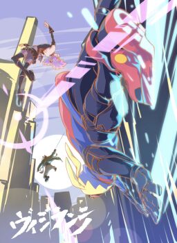 1girl 2boys black_leotard boku_no_hero_academia building chingboy2020 city full_body haimawari_kouichi hand_on_wall haneyama_kazuho highres hood hooded_jacket jacket knuckleduster_(boku_no_hero_academia) leotard multiple_boys on_wall outdoors sky skyscraper superhero_costume vigilante_-boku_no_hero_academia:_illegals-