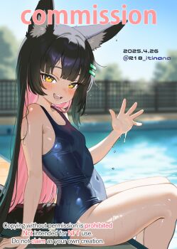 1girl animal_ear_fluff animal_ears arm_support bare_shoulders black_hair blue_one-piece_swimsuit blush breasts brown_eyes character_request collarbone colored_inner_hair commission competition_school_swimsuit competition_swimsuit copyright_request covered_navel day fox_ears fox_girl fox_tail hair_ornament hairclip hand_up highres itinana long_hair looking_at_viewer multicolored_hair one-piece_swimsuit open_mouth outdoors pink_hair pool poolside school_swimsuit sitting skeb_commission small_breasts smile soaking_feet solo swimsuit tail two-tone_hair water watermark waving wet wet_clothes wet_swimsuit