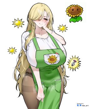 1girl absurdres artist_name blonde_hair blush breasts butt_plug closed_mouth commentary cowboy_shot english_commentary flower from_above hair_over_one_eye hand_on_own_cheek hand_on_own_face hand_up highres huge_breasts jewel_butt_plug leaf long_hair looking_at_viewer nisp_art official_art_inset panties pantyhose personification plants_vs._zombies reference_inset sex_toy simple_background smile solo standing sunflower sunflower_(plants_vs._zombies) underwear white_background