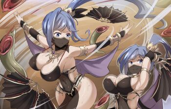 1girl arm_up armpits arniro111 blue_eyes blue_hair breasts cleavage clothing_cutout commentary commission covered_navel english_commentary hand_fan high_ponytail highres hip_vent jewelry large_breasts long_hair motion_lines mouth_veil multiple_views navel original outstretched_arms ponytail revealing_clothes smile solo sweat swirling tentacles throwing veil very_long_hair wide_hips