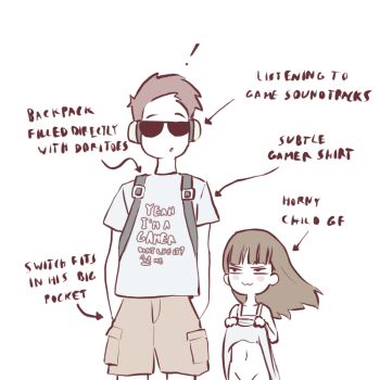 ! 1boy 1girl :3 anatomy_of_a_gamer_(meme) arrow_(symbol) backpack bag blue_dress blue_shirt blush brown_hair child_gf_(orenji) clothes_lift colored_skin dress dress_lift english_text gamer_(orenji) headphones loli long_hair looking_at_another looking_at_viewer looking_up no_panties powerofsin shirt shorts smile smug sunglasses t-shirt tagme white_background white_skin