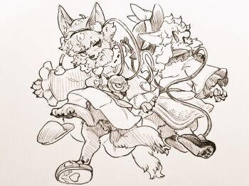 2girls animal_ears body_fur bow buttons commentary_request eyeball frilled_shirt_collar frilled_sleeves frills furrification furry furry_female hair_ornament hairband hat hat_bow heart heart_button heart_hair_ornament komeiji_koishi komeiji_satori long_sleeves looking_at_viewer menotama multiple_girls open_mouth ribbon-trimmed_collar ribbon_trim shoes siblings sisters slippers smile snout tail third_eye touhou traditional_media