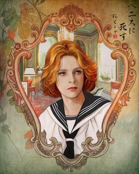 1boy bishounen bjorn_johan_andresen black_neckerchief blonde_hair commentary_request flower jacket lamp mirror neckerchief photo-referenced portrait real_life red_flower rena_factory school_uniform serafuku short_hair solo table white_jacket white_serafuku