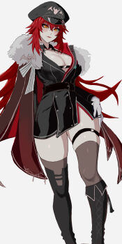 1girl absurdres black_boots black_hat black_jacket black_thighhighs boots breasts chest_belt cleavage fur-trimmed_jacket fur_trim gloves hat highres indie_virtual_youtuber jacket large_breasts long_hair looking_at_viewer meibin military_hat military_jacket military_uniform red_hair solo thighhighs virtual_youtuber white_gloves yellow_eyes zentreya zentreya_(commander)