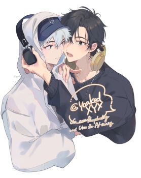 2boys adjusting_headphones alternate_costume antenna_hair baseball_cap black_eyes black_hair black_sweater blue_hat blush brown_eyes cheng_xiaoshi closed_mouth commentary cropped_torso english_text hair_between_eyes hand_on_another's_shoulder hat headphones headphones_around_neck hood hood_up hooded_jacket jacket jewelry long_sleeves looking_at_another lu_guang male_focus multiple_boys necklace open_mouth ponytail shiguang_dailiren short_hair short_ponytail signature simple_background sweater symbol-only_commentary twitter_username upper_body white_background white_hair white_jacket yaoi yoakedaxyx