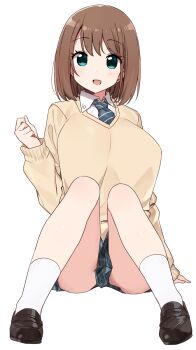 1girl :d ass black_shoes blue_necktie blue_skirt breasts brown_hair brown_sweater cardigan clenched_hands collared_shirt cup_size diagonal-striped_clothes diagonal-striped_necktie green_eyes hand_up highres large_breasts loafers long_sleeves medium_hair miniskirt necktie open_mouth pleated_skirt reclining saki_(manga) school_uniform shirt shisoneri shoes sitting skirt smile socks solo striped_clothes striped_necktie sweater tented_shirt unozawa_shiori white_shirt white_socks yellow_cardigan