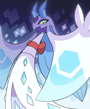 aqua_eyes closed_mouth colored_sclera commentary english_commentary froslass gen_4_pokemon highres horns mega_froslass mega_pokemon nintendo no_humans outline pokemon pokemon_(creature) pokemon_focus slit_pupils solo white_outline xdeaddragonx98 yellow_sclera