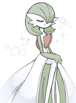 Rule 34 | 1girl, bob cut, closed eyes, closed mouth, colored skin, female focus, flat chest, gardevoir, gen 3 pokemon, green hair, green skin, hair between eyes, hand on own knee, happy, invisible chair, long legs, multicolored skin, nintendo, pokemon, pokemon (creature), short hair, simple background, sitting, smile, solo, sparkle, suzu (pixiv 32232702), two-tone skin, u u, white background, white skin