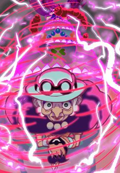 1girl absurdres alcremie aqua_hat aura commentary_request dynamax electricity gen_8_pokemon gigantamax gigantamax_alcremie gloves green_eyes hat highres holding music_hour nintendo old old_woman opal_(pokemon) open_mouth pokemon pokemon_(creature) pokemon_swsh red_clouds wrinkled_skin