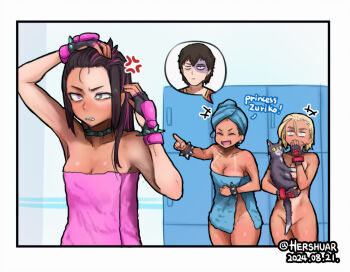 +++ 3girls anger_vein artist_name avatar:_the_last_airbender avatar_legends black_hair blonde_hair bracelet breasts burn_scar cammy_white capcom cat chun-li closed_eyes completely_nude convenient_censoring dated green_eyes han_juri hershuar heterochromia jewelry laughing locker locker_room multiple_girls naked_towel nude open_mouth pink_eyes pointing scar smile speech_bubble spiked_bracelet spikes spoken_character stifled_laugh street_fighter street_fighter_6 tail_censor tan tanline towel towel_on_head tuxedo_cat twitter_username zuko