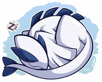 Rule 34 | closed eyes, closed mouth, commentary, english commentary, full body, gen 2 pokemon, legendary pokemon, lugia, nintendo, no humans, pokemon, pokemon (creature), sleeping, solo, speech bubble, spoken zzz, white background, woofzilla, zzz