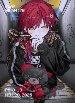 1boy alternate_costume artist_name black_jacket blush bow closed_mouth commentary dated foreshortening graffiti green_eyes hair_between_eyes hair_ornament hairclip hand_up highres holding holding_stuffed_toy jacket lauren_iroas long_hair long_sleeves looking_at_viewer male_focus nijisanji on_stairs open_clothes open_jacket ponytail print_shirt red_bow red_hair shirt side_ponytail single_sleeve_past_fingers single_sleeve_past_wrist solo stairs stone_stairs stuffed_animal stuffed_toy sweatdrop symbol-only_commentary teddy_bear virtual_youtuber x_hair_ornament xdoxa89