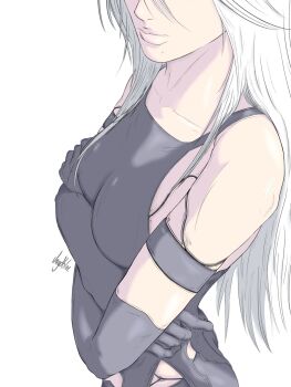 Rule 34 | 1girl, a2 (nier:automata), android, black shirt, breasts, collarbone, crossed arms, detached sleeves, from side, hair between eyes, hashtag-only commentary, head out of frame, highres, jaydblac, lips, long hair, nier:automata, nier (series), out of frame, shirt, signature, simple background, sleeveless, sleeveless shirt, small breasts, solo, upper body, white background, white hair