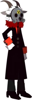 Rule 34 | 1boy, animal ears, black jacket, cuffs, demon boy, formal clothes, full body, funamusea, funamusea (artist), fur collar, gas mask, gloves, goat horns, hands on own hips, horns, jacket, long coat, mask, necktie, official art, pants, radiation symbol, red fur, red necktie, shoes, simple background, solo, standing, striped clothes, striped pants, suit, white background, white hair, yagi (funamusea)