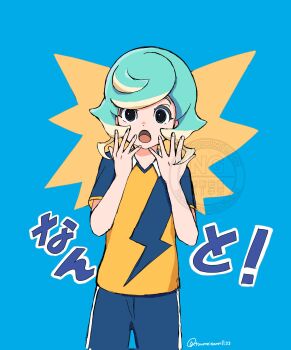 1girl artist_name blue_background blue_hair blue_shirt blue_shorts blue_sleeves commentary_request highres hoshimura_nao_(inazuma_eleven) inazuma_eleven_(series) inazuma_eleven_victory_road lightning_bolt_print looking_at_viewer open_mouth print_shirt shirt short_sleeves shorts simple_background soccer_uniform solo sportswear toumeisannll33 translation_request two-tone_shirt watermark yellow_shirt