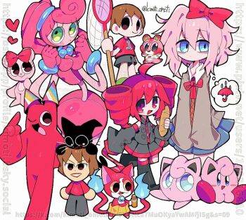 :d ;d ahoge animal_crossing apple_(animal_crossing) bags_under_eyes baguette banban_(garten_of_banban) bare_shoulders bead_choker beads black_boots black_eyes black_pants blue_choker blue_eyes blue_skirt boots bow bread brown_hair butterfly_net buttons character_request choker closed_mouth collared_shirt color_connection colored_skin commentary copyright_request crossover detached_sleeves doki_doki_literature_club doki_doki_literature_club_school_uniform dot_mouth double-parted_bangs drill_hair flat_chest food full_body furry furry_female garten_of_banban gen_1_pokemon giggles_(happy_tree_friends) gloves green_eyes grey_jacket grey_shirt grey_shorts grey_skirt grey_sleeves grin hair_between_eyes hair_bow hair_tie hand_net happy_tree_friends hat high_ponytail holding holding_butterfly_net holding_food jacket jigglypuff kasane_teto kasane_teto_(utau) kimoti_omoti kirby kirby_(series) kiyo_saiore lips long_hair long_sleeves looking_at_viewer medium_hair miniskirt mommy_longlegs multiple_boys multiple_crossover multiple_girls neck_ribbon nintendo no_nose no_pupils number_print one_eye_closed open_clothes open_jacket open_mouth pants party_hat pink_gloves pink_skin pleated_skirt pocket pokemon ponytail poppy_playtime red_bow red_eyes red_ribbon red_shirt red_trim ribbon sayori_(doki_doki_literature_club) school_uniform shirt short_hair short_sleeves shorts skirt smile speech_bubble standing standing_on_one_leg symbol-only_commentary thigh_boots thighhighs thought_bubble tongue twin_drills twitter_username utau v_arms villager_(animal_crossing) watermark web_address white_shirt zettai_ryouiki