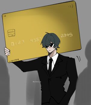 Rule 34 | 1boy, ahoge, alternate costume, black necktie, black suit, card, character name, commentary, credit card, formal clothes, green hair, grey background, hair over one eye, hand in pocket, highres, holding, holding card, karikari be, lighter (zenless zone zero), male focus, motion lines, necktie, shirt, short hair, solo, suit, sunglasses, symbol-only commentary, twitter username, white shirt, zenless zone zero