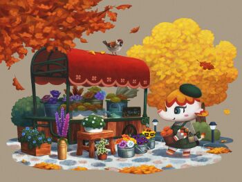 1girl animal_crossing apron autumn autumn_leaves beret bird blue_eyes blue_flower blush blush_stickers bucket bush closed_mouth commentary covered_wagon elephant_girl english_commentary falling_leaves flower flower_box flower_pot flower_request flower_shop furry furry_female green_apron green_hat grey_background grey_sweater hat holding holding_flower_pot lamppost leaf long_sleeves margie_(animal_crossing) nintendo oak_leaf omochi_freedom orange_flower pansy pink_flower pink_rose plant pocket potted_plant gardening_shears puffy_long_sleeves puffy_sleeves purple_flower purple_pansy purple_rose rose shadow shop sign simple_background smile solo sparrow standing stone_floor stool sweater tree wagon watering_can white_flower wooden_stool yellow_flower yellow_pansy