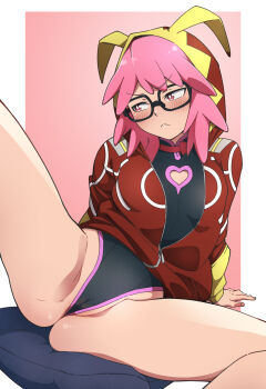 1girl :< absurdres animanghayodraw ass black_leotard boku_no_hero_academia border embarrassed female_focus glasses haneyama_kazuho highres jacket leotard leotard_under_clothes outside_border pale_skin pink_background pink_eyes pink_hair revealing_clothes see-through_clothes see-through_leotard simple_background solo source_request spread_legs white_border wide_hips