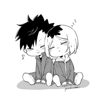 Rule 34 | 2boys, :>, blush, blush stickers, chibi, chibi only, commentary request, faux figurine, haikyuu!!, happy, highres, jacket, kozume kenma, kuroo tetsurou, mako184411, male focus, multicolored hair, multiple boys, musical note, pants, parted bangs, roots (hair), shoes, short hair, simple background, sitting, sleeping, sleeves past wrists, smile, spiked hair, track jacket, triangle mouth, white background, zzz