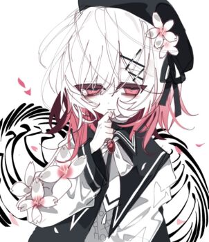 1girl beret black_hat black_ribbon cherry_blossoms closed_mouth expressionless flower hair_flower hair_ornament half-closed_eyes hand_to_own_mouth hand_up hashtag-only_commentary hat lemonail long_sleeves looking_at_viewer mahou_shoujo_no_majo_saiban multicolored_hair pink_eyes pink_hair ribbon sakuraba_ema short_hair skeletal_wings solo spoilers upper_body white_background white_flower white_hair wings witch_(manosaba) x_hair_ornament