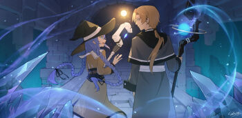 1boy 1girl a_yu_(2932120331) absurdres blonde_hair blue_eyes blue_hair braid brick_floor brown_cloak brown_robe capelet cloak commentary_request crystal dungeon green_eyes grey_robe hair_between_eyes hat highres holding holding_staff large_hat long_braid long_hair looking_at_another low-tied_long_hair low_ponytail mage_staff mole mole_under_eye mushoku_tensei open_mouth ponytail robe roxy_migurdia rudeus_greyrat spell staff twin_braids very_long_hair witch_hat