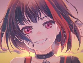 1girl afterglow bang_dream! bare_shoulders black_hair black_skirt collarbone commentary_request looking_at_viewer mitake_ran outdoors red_eyes red_streaks shirohata_nagisa short_hair skirt smile solo teeth
