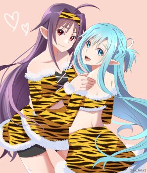 Rule 34 | 2girls, :d, ahoge, alternate costume, animal print, artist name, asuna (sao), asuna (sao-alo), back, bare shoulders, black shorts, black skirt, black tube top, blue eyes, blue hair, braid, breasts, closed mouth, collarbone, commentary request, cowboy, fang, from behind, fur-trimmed skirt, fur-trimmed tube top, fur trim, hair between eyes, half up half down braid, hand on another's shoulder, hand on another's waist, heart, highres, layered tube top, long hair, long sidelocks, looking at viewer, looking back, medium breasts, multiple girls, open mouth, orange skirt, orange tube top, pink background, pointy ears, purple hair, red eyes, short shorts, shorts, sidelocks, simple background, skirt, small breasts, smile, strapless, sword art online, teeth, tiger print, tongue, tu tora2, tube top, twitter username, two-tone skirt, two-tone tube top, upper teeth only, watermark, western, yuuki (sao)